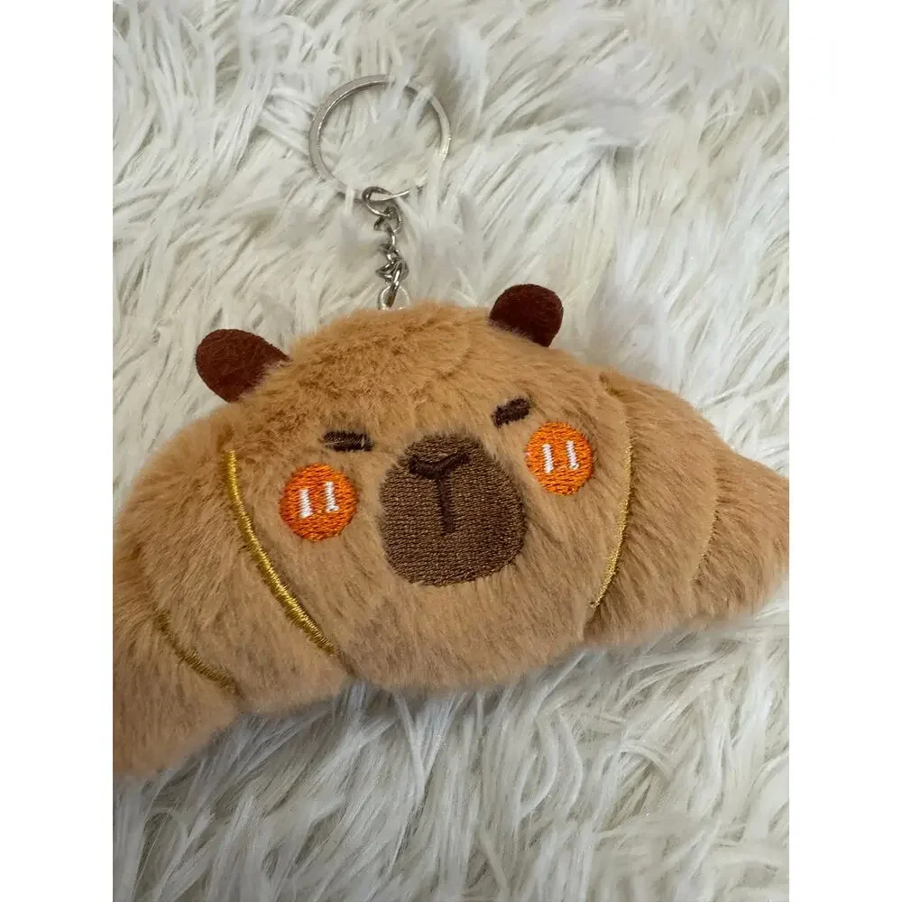 Capybara croissant plush keychain with embroidered  face and orange cheeks